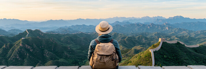 A traveler gazes at breathtaking view of Great Wall of China, surrounded by lush green mountains and serene sky. scene captures moment of reflection and adventure