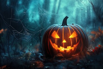Naklejka premium Halloween background with web and spider,pumpkin 