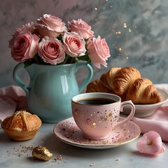 Pink teacup with croissant and blue vase holding pink roses sitting on a table.