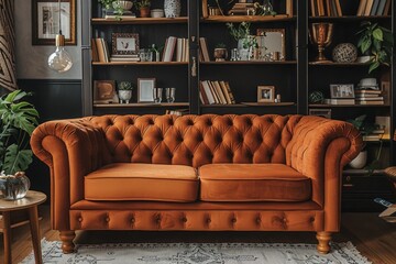 Vintage brown chesterfield sofa with armrests, wooden leg, and cozy home setup with coffee table, books, and black bookcase.