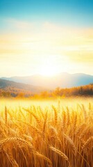 Obraz premium Autumn Serenity in Mountain Landscape, a captivating poster design featuring a misty mountain backdrop, delicate rain, golden wheat in the foreground, and soft sunlight illuminating the scene.