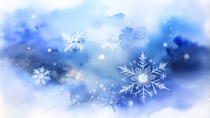 Magical winter sky with delicate snowflakes and stars in watercolor