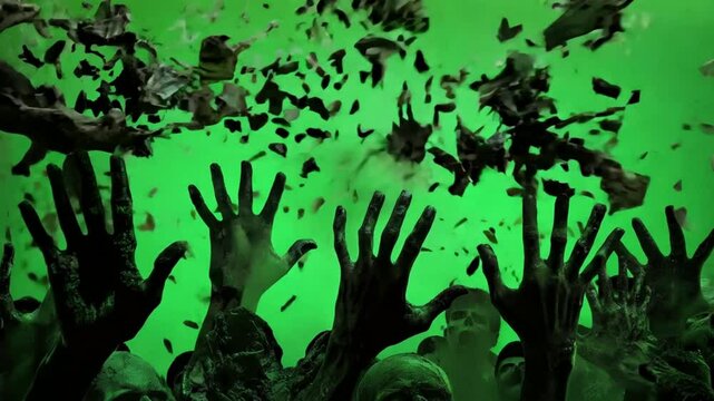 Zombie Apocalypse: A chilling image capturing the chaos and desperation of a zombie apocalypse. The image features a horde of undead hands reaching out from a green screen background.