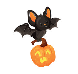 A bat carries an orange Halloween pumpkin in its paws. Scary pumpkin. Cartoon animal. Vector Illustration.
