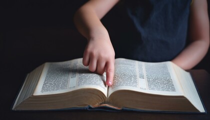 Fototapeta premium A child's small hand touching the center of an open Bible