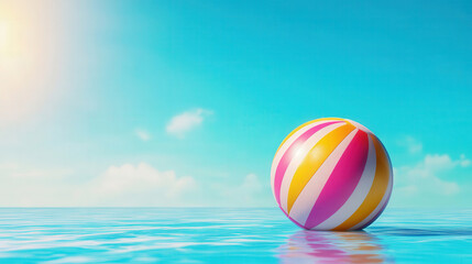 Vibrant Summer Escape, a lively beach ball drifts atop a sparkling luxury pool, encapsulating the essence of carefree summer holidays and relaxation under the sun.