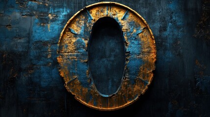A  gold and blue metal  number zero with a worn, textured finish against a dark textured background.