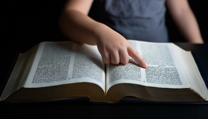 Fototapeta premium A child's small hand touching the center of an open Bible