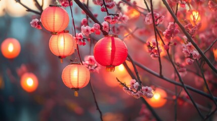 Red Lanterns Hanging from a Branch of Pink Flowers