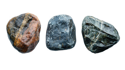 Flat lay set of three Hard rocks stone shape on isolated transparent backgrounds