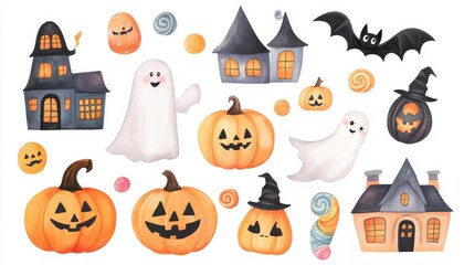 Watercolor Halloween Illustration Featuring Pumpkins, Ghosts, Houses, and Bats