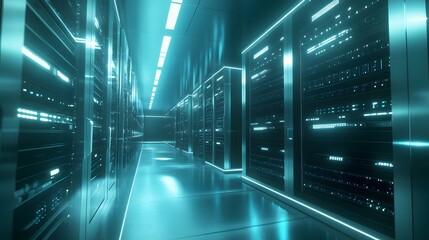 Fototapeta premium A large server room with rows of high-tech, glowing computer equipment
