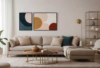 Stylish and inviting living space featuring a comfy sectional, gold accents, and abstract art prints. Perfect for interior design, home decor, and lifestyle projects.