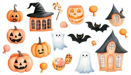 Fototapeta premium Watercolor Halloween Illustration with Pumpkins, Ghosts, Bats, and Houses