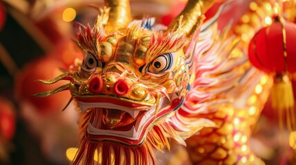 Fototapeta premium Close-up of a Golden Dragon Head with Red and White Details