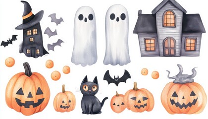Watercolor Halloween Illustration with Pumpkins, Ghosts, Bats, and a Black Cat