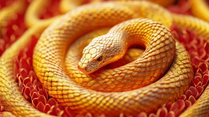 Fototapeta premium Golden Snake Coiled on Red Floral Background
