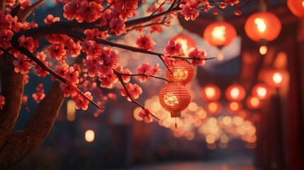 Cherry Blossoms and Red Lanterns Adorn a Festive Street