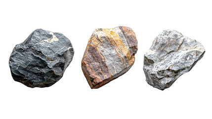 Flat lay set of three Hard rocks stone shape on isolated transparent backgrounds