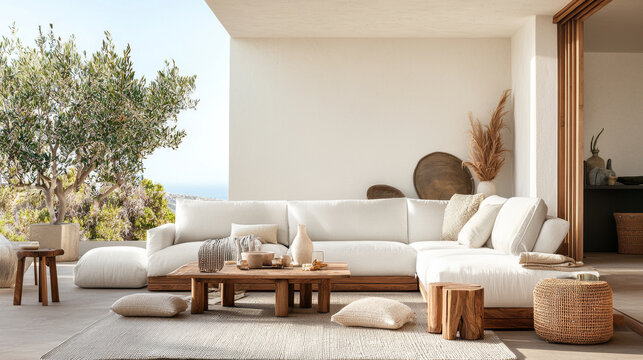 A modern living room featuring spacious white sofa, wooden coffee table, and natural decor elements. serene outdoor view enhances tranquil atmosphere