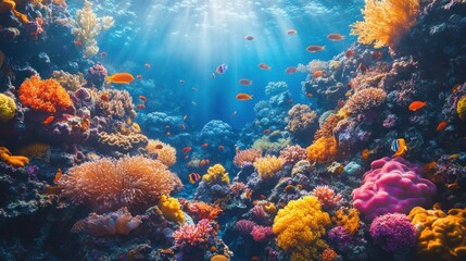 Obraz premium A vibrant underwater coral reef teeming with colorful fish, bathed in sunlight.
