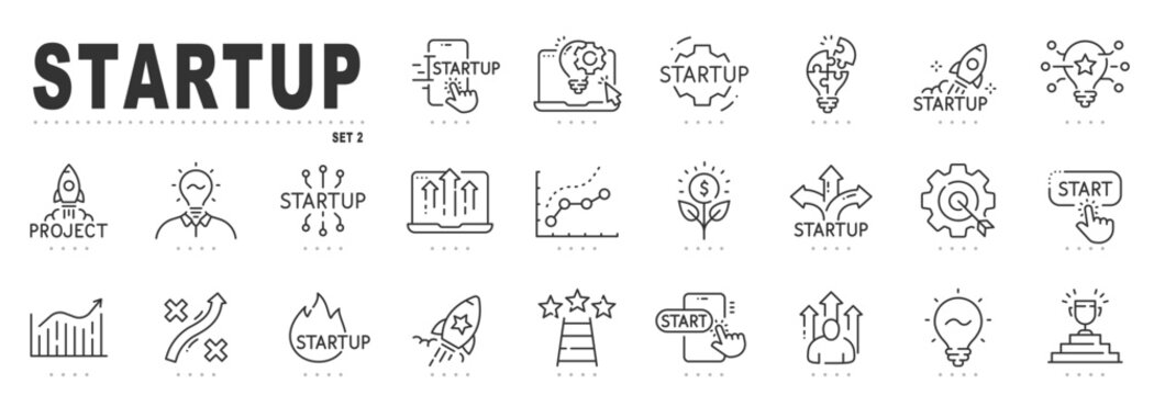 Set of startup related line icons. Launch, rocket, project, development etc. Editable stroke. Set 2