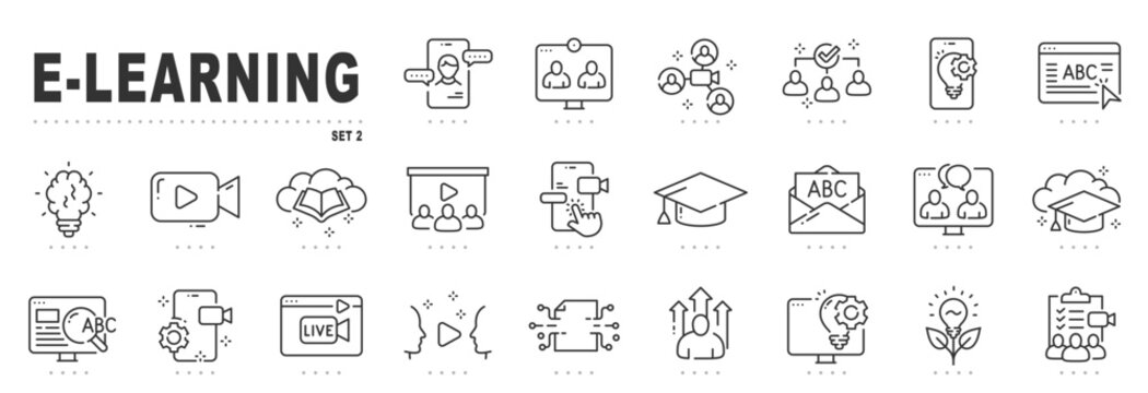 Set of e-learning related line icons. Education, online, seminar, conference etc. Editable stroke. Set 2
