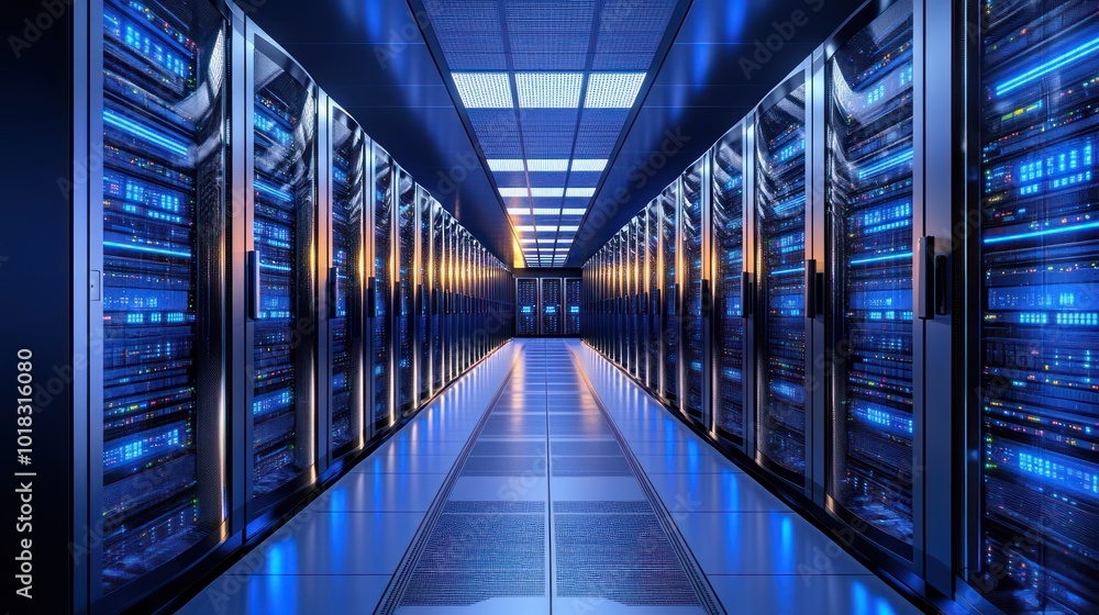 Aufkleber a long hallway inside a server room with rows of servers on either side. the servers are lit with bl