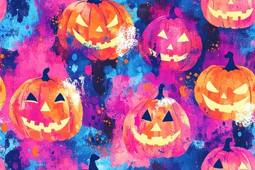 Watercolor pumpkin design, bright and cheerful colors with smiling faces on the pumpkins