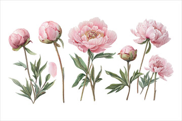 Set of vintage watercolor elements with elegant pink peonies for decor