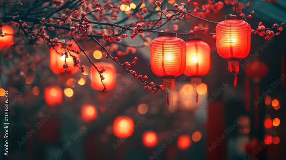 Poster red lanterns hanging from a branch with blurred lights in the background