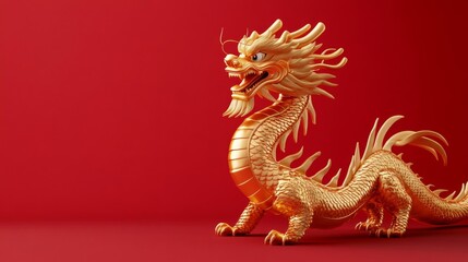 Obraz premium Golden Dragon Figurine on Red Background