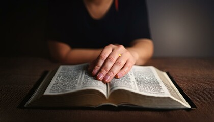 An open Bible with a young adult's hand placed flat on the text