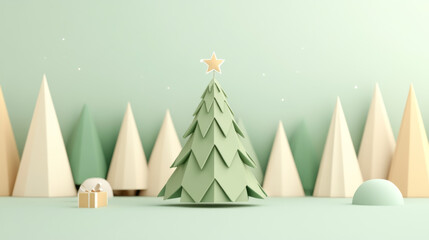 A festive scene featuring stylized green Christmas tree surrounded by geometric shapes and pastel colored trees. atmosphere is cheerful and whimsical, perfect for holiday celebrations