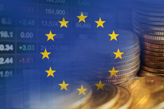 EU flag with stock market finance, economy trend graph digital technology.