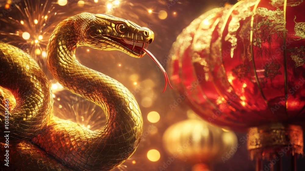 Poster a golden snake with a red lantern in a festive setting