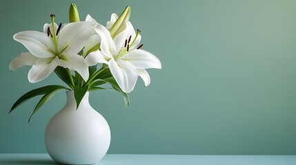 Elegant white lilies in a simple vase, set against a pale green background, featuring a minimalist arrangement and soft lighting, radiating a serene and clean aesthetic.