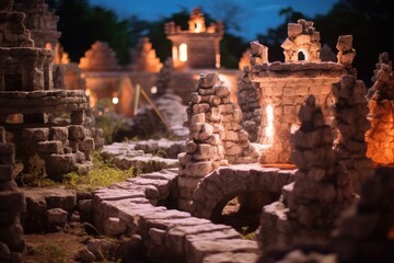 Enchanted Night Scene of Miniature Stone Structures