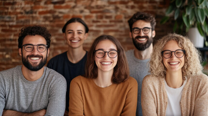 Happy group of friends smiling together, showcasing joy and connection in cozy setting. Their diverse styles and expressions reflect warm atmosphere of friendship and positivity