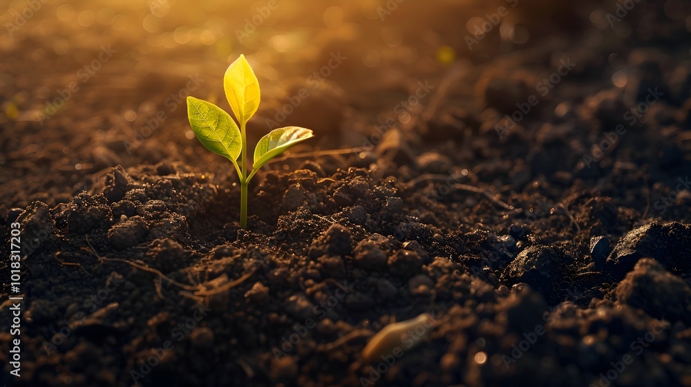 Wall mural seedling sprouting from rich soil bathed in warm sunlight new growth and potential