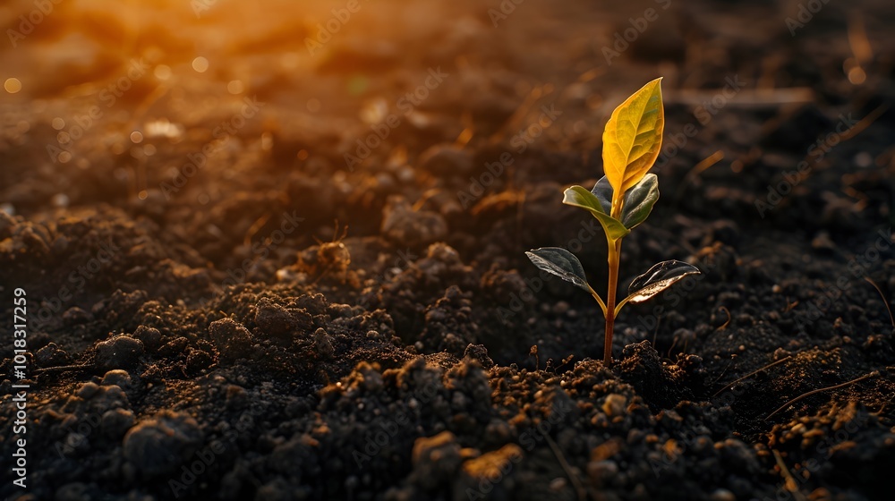 Sticker Fresh Seedling Breaking Through Rich Soil Under Golden Sunlight Symbolizing New Growth Potential