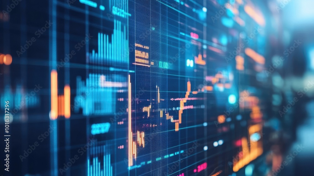 Poster digital data patterns analyzed on a virtual screen using advanced big data tools.