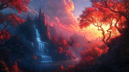 A fantasy landscape with a castle, waterfall, and red trees.