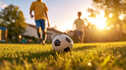 Fototapeta premium Children playing soccer in sunny backyard, with soccer ball in focus on grass. warm sunlight creates joyful atmosphere, capturing essence of outdoor play