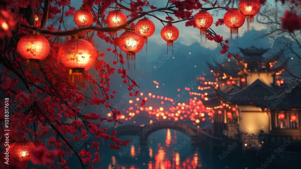 Poster red lanterns hanging from a tree branch over a waterway in front of a pagoda