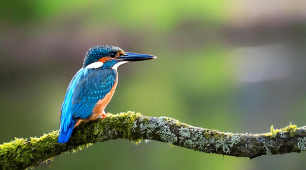 Fototapeta premium Blue kingfisher on the river on a mossy branch in the morning mist, close-up 
