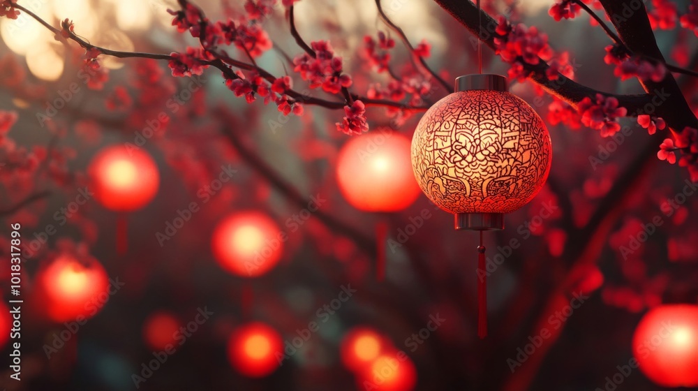 Poster intricate red lantern hanging from a branch with blurred background of lanterns and blossoms