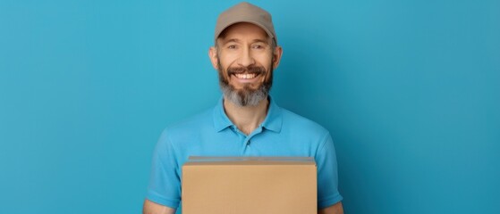 Friendly Delivery Person Holding Package in Front of Blue Background