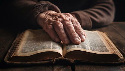 A wrinkled hand resting lightly on an open Bible