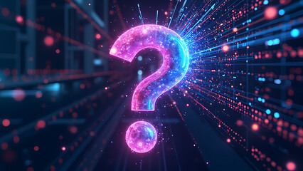 A vibrant, glowing question mark against a backdrop of a futuristic data center, symbolizing data solutions, cybersecurity, and the search for answers in technology.